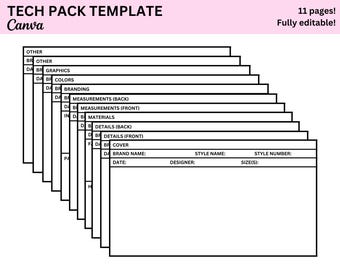 Könnte beinhalten: Eine schwarz-weiße Tech Pack-Vorlage mit 11 Seiten. Die Vorlage ist vollständig editierbar und enthält Abschnitte für Sonstiges, Grafiken, Farben, Branding, Maße (Rücken und Vorderseite), Materialien, Details (Rücken und Vorderseite), Cover, Markennamen, Datum, Stilname, Stilnummer, Designer und Größe(n).