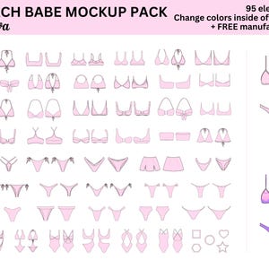 以下が含まれることがあります： ビキニトップ、ボトム、ワンピース水着、アクセサリーなど、ピンクと白の95種類の水着イラストのセットです。イラストはシンプルな線画スタイルで、デジタルデザインプロジェクトでの使用に最適です。