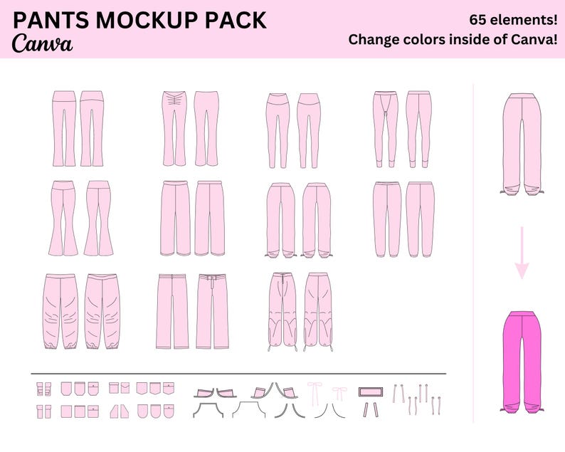 May include: A set of 65 pink pants mockups for use in Canva. The mockups include different styles of pants, such as wide-leg, straight-leg, and cargo pants. The mockups are all in a simple, minimalist style.