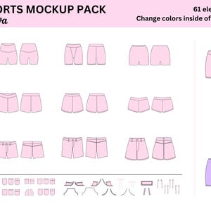 May include: A set of 61 customizable shorts mockups in pink. The mockups are in various styles and can be used to create different looks. Change colors inside of Canva.