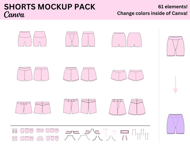 May include: A set of 61 customizable shorts mockups in pink. The mockups are in various styles and can be used to create different looks. Change colors inside of Canva.