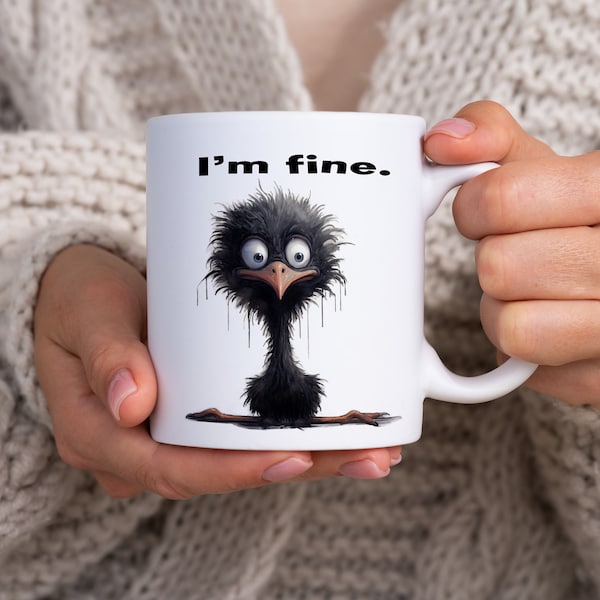 Funny Cartoon Crow Ceramic Coffee Cup, 33 cl (11oz), Animal Coffee Mug, Teacup, I'm Fine Mug, Crazy Crow, Bird Mug