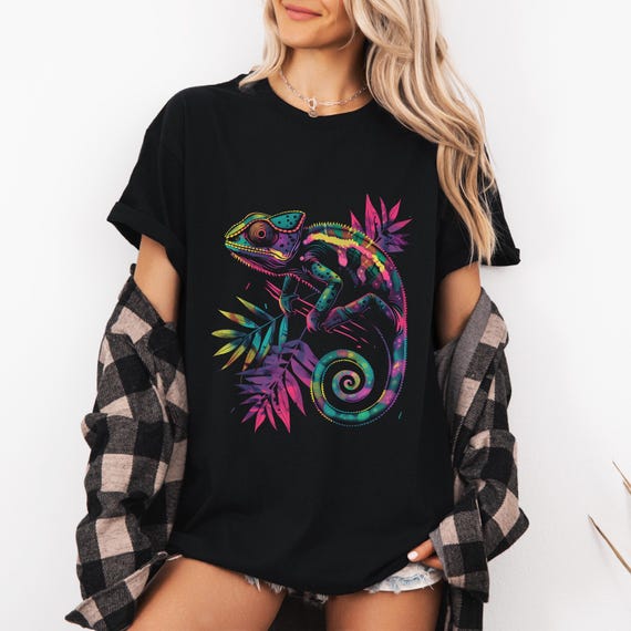 Vibrant Chameleon Tee, Colorful Graphic Shirt, Nature Lover Gift, Neon Colors T-Shirt, Animal Lizard Graphic Top, Reptile Lover Gift