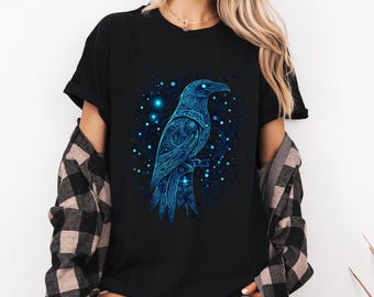 Camiseta unisex de cuervo místico, camiseta de cuervo y runas, camiseta de estilo vikingo, camiseta con gráfico de pájaro nórdico, camiseta con estampado de cuervo, camiseta con símbolo místico