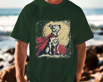 May include: Dark green t-shirt with a distressed graphic of a dog in a red cape and superhero emblem. The dog is set against a yellow and beige background, with a grunge-style design.