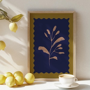 Poster stampabile con motivo botanico lineare, opera d'arte floreale blu navy e verde oliva, illustrazione moderna di piante minimaliste, bordo ondulato, download digitale