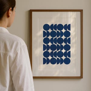Navy Geometric Circles Print, Mid-Century Poster, Scandi Wall Art, Digital Download