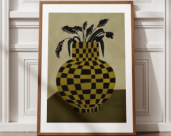 Impressão de vaso xadrez verde-oliva, arte de parede moderna de meados do século, pôster de natureza morta neutra, decoração minimalista de outono, download digital escandinavo