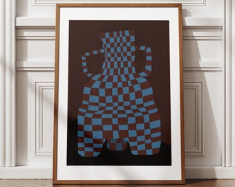 Checkerboard Vase Wall Art, Blue and Brown Still Life Poster, Modern Abstract Printable