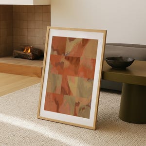バーントオレンジの抽象画アートプリント、テラコッタパッチワークのウォールアート、モダンミニマリストポスター、ミッドセンチュリーの印刷可能な装飾