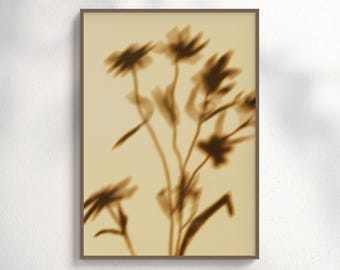 Shadow Botanical Wall Art, Beige Flower Silhouette Poster, Soft Neutral Printable, Minimalist Plant Shadow Print, Instant Digital Download