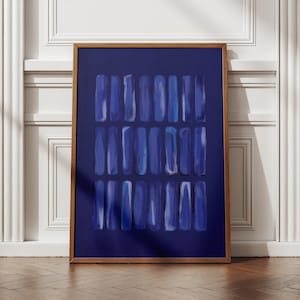 Deep navy abstract painting featuring layered brushstrokes. Ideal for minimalist, modern, or coastal decor. Instant digital poster download to elevate living rooms, offices, or gallery walls.