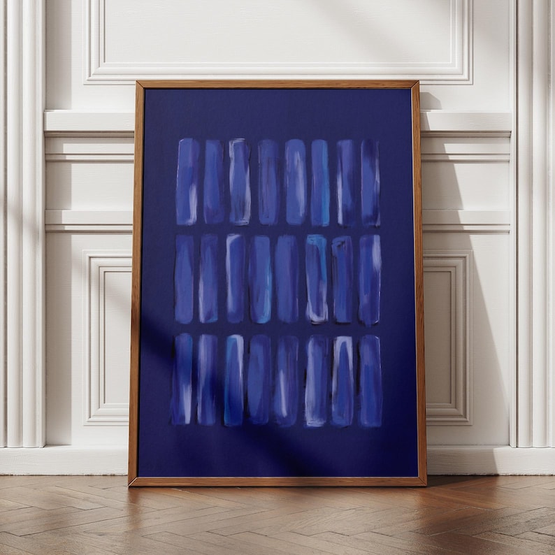 Deep navy abstract painting featuring layered brushstrokes. Ideal for minimalist, modern, or coastal decor. Instant digital poster download to elevate living rooms, offices, or gallery walls.