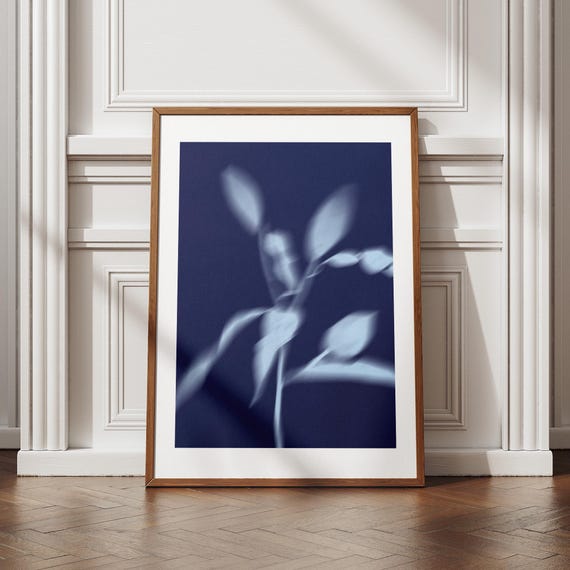 Abstract Cyanotype Print | Navy Blue Motion Blur Botanical - Moody Ethereal Wall Art | Serene Bedroom Decor Digital Download