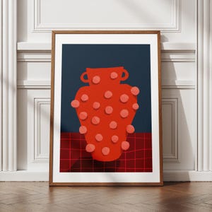 Póster de jarrón rojo con puntos llamativos: decoración de pared abstracta retro, arte imprimible de estilo vintage escandinavo, descarga digital, ilustración burdeos