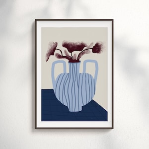 Impresión de arte de pared de jarrón azul, póster botánico moderno con flores, ilustración digital, obra de arte imprimible para cocina o sala de estar, descargable