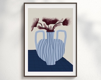 Blue Vase Wall Art Print, Modern Botanical Poster Flowers, Digital Illustration, Printable Artwork Kitchen or Living Room, Downloadable
