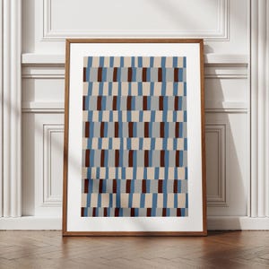 Abstract Geometric Poster, Mid-Century Modern Inspired, Minimalist Stripes Pattern Print, Blue Brown Beige, Scandinavian Vintage Wall Decor