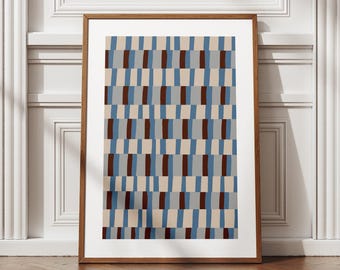 Abstract Geometric Poster, Mid-Century Modern Inspired, Minimalist Stripes Pattern Print, Blue Brown Beige, Scandinavian Vintage Wall Decor