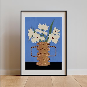 Póster con ilustración de jarrón floral, arte imprimible de flores abstractas, decoración digital moderna de pared, obra de arte floral contemporánea, descarga instantánea