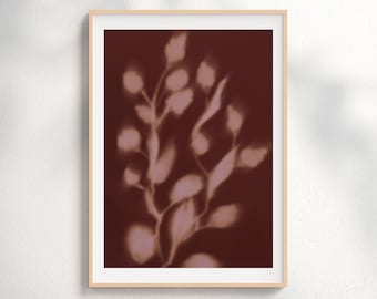 Brown Botanical Shadow Print, Minimalist Wall Art, Mocha Pink Abstract Poster, Warm Earthy Decor, Printable Digital Download