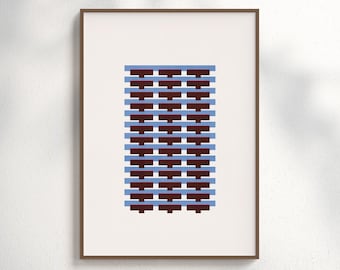 Bauhaus Wall Art, Abstract Geometry Poster, Brown Blue Minimalist Poster, Digital Abstract Print Modern, Grid Pattern Mid Century Download