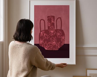 Modern Floral Vase Poster, Bold Line Art Printable in Burgundy and Pink, Abstract Wall Art Download for Eclectic or Contemporary Home Decor