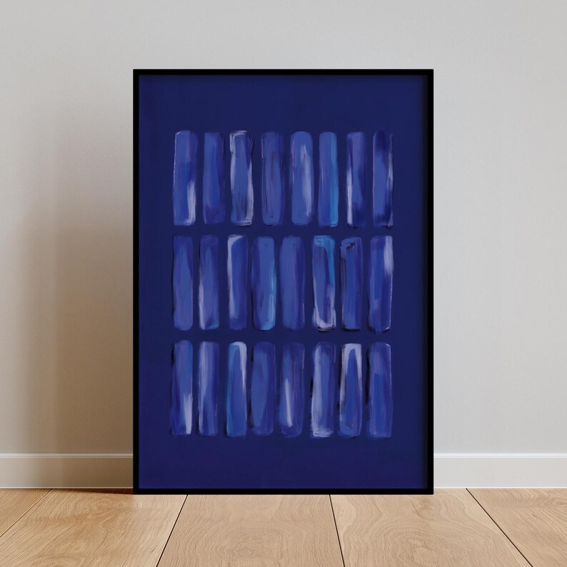 Deep navy abstract painting featuring layered brushstrokes. Ideal for minimalist, modern, or coastal decor. Instant digital poster download to elevate living rooms, offices, or gallery walls.