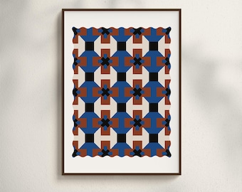 Könnte beinhalten: Ein gerahmter Druck mit einem geometrischen Muster aus blauen, weißen und braunen Quadraten und Kreuzen. Das Muster wiederholt sich über den gesamten Druck und erzeugt ein symmetrisches Design.