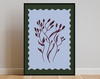 Arte botánico lineal imprimible, póster floral azul y verde, ilustración minimalista de planta con marco ondulado, arte digital moderno para descargar.