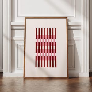 Geometric Grid Wall Art Printable, Red and Pink Minimalist Abstract Poster, Modern Digital Download, Vertical Line Pattern, Large Home Decor