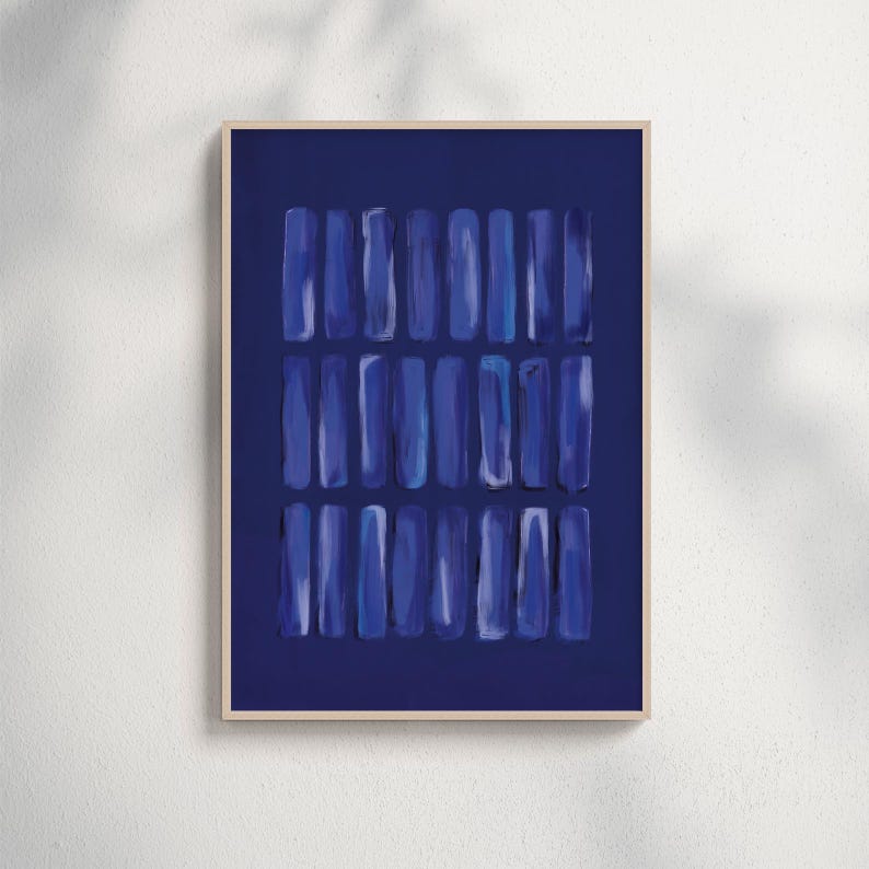 Deep navy abstract painting featuring layered brushstrokes. Ideal for minimalist, modern, or coastal decor. Instant digital poster download to elevate living rooms, offices, or gallery walls.