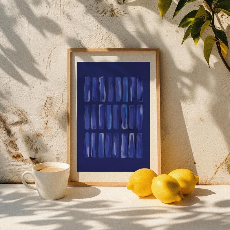 Deep navy abstract painting featuring layered brushstrokes. Ideal for minimalist, modern, or coastal decor. Instant digital poster download to elevate living rooms, offices, or gallery walls.