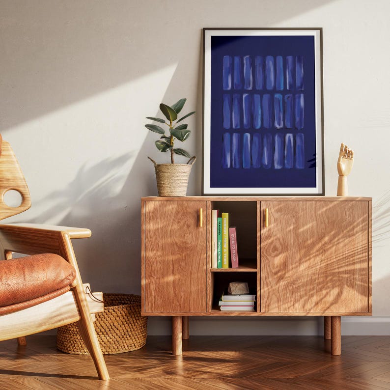 Deep navy abstract painting featuring layered brushstrokes. Ideal for minimalist, modern, or coastal decor. Instant digital poster download to elevate living rooms, offices, or gallery walls.