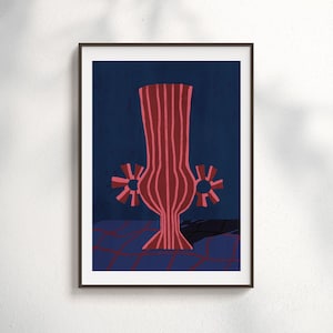 Impresión artística de jarrón, decoración de pared moderna y llamativa, póster con ilustración digital en rosa y rojo, arte único, decoración abstracta azul marino, descarga instantánea e imprimible.