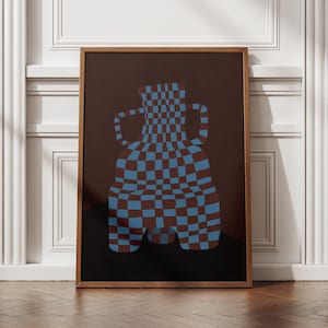 Póster de jarrón a cuadros, arte de pared abstracto moderno, decoración geométrica, impresión de jarrón minimalista, decoración del hogar en azul intenso y marrón oscuro, descarga digital
