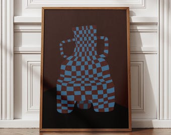 Checked Vase Poster, Abstract Modern Wall Art, Geometric Decor, Minimalist Vase Print, Bold Blue and Dark Brown Home Decor, Digital Download