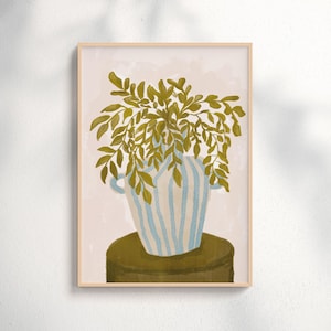 Póster de jarrón a rayas, estampado beige moderno, arte mural botánico verde oliva, imprimible terroso, decoración rústica de cocina, descarga digital vintage