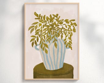 Striped Vase  Poster, Modern Beige Print, Olive Green Botanical Wall Art, Earthy Printable, Rustic Kitchen Decor, Vintage Digital Download