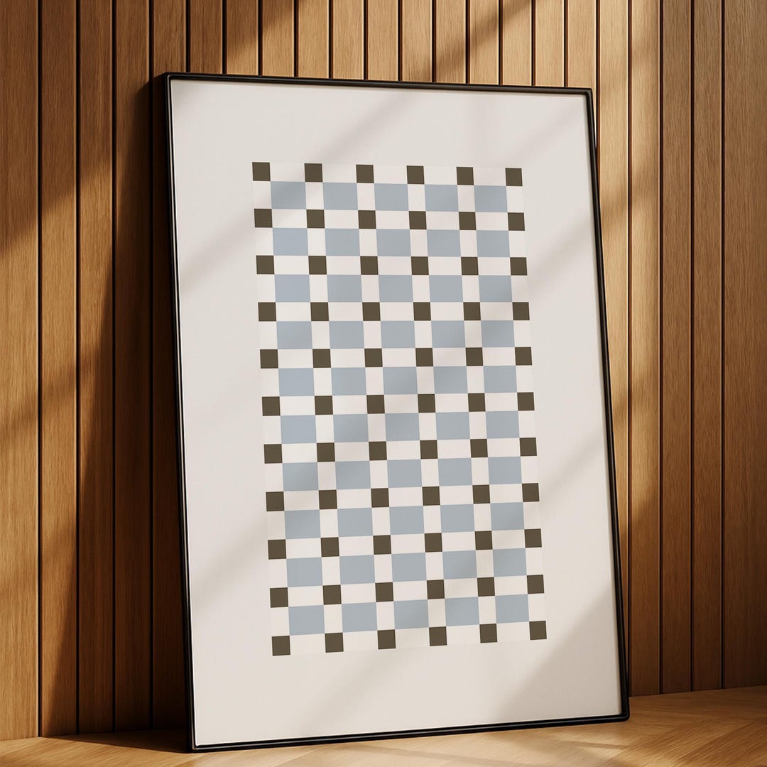 Blue Checkerboard Wall Art, Neutral Geometric Grid Poster, Minimal ...