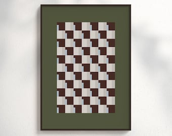 Könnte beinhalten: Gerahmter Kunstdruck mit einem abstrakten geometrischen Design. Das Muster besteht aus sich wiederholenden Quadraten in Braun, Hellgrau und Hellblau, die ein Schachbrettmuster bilden. Das Kunstwerk ist in einem dunkelgrünen Rahmen präsentiert.
