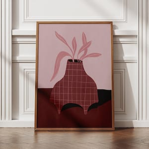 Póster de jarrón minimalista rústico, arte de pared bohemio moderno, impresión abstracta en marrón burdeos, decoración escandinava, ilustración digital imprimible para descargar