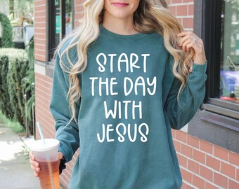 Comience el día con Jesús SVG, Fe svg, Christian svg, Religioso svg, Diseño para camisas, sudaderas con capucha, bolsos de mano y tazas (¡DESCARGA DIGITAL!)
