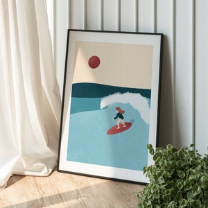 Poster Surf 2 Poster - A3 A4 - Decoración, impresión de ilustración de un surfista en el océano, para los amantes del surf, las olas, el mar