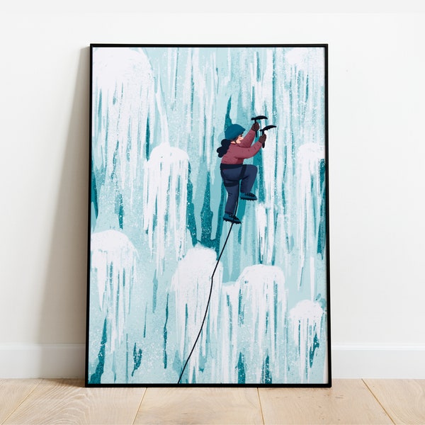 Affiche Femme Alpiniste -  illustration A3 A4 - Art Déco, Art mural, wall art, décoration murale, sommet alpinisme, cascade de glace, piolet