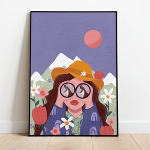 Poster Poster Woman Mountain Chamois - illustration A3 A4 - Decoration, Wall art (wall art) of summits and mountains, poetic illustration