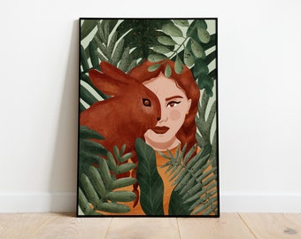 Póster de Mujer y Conejo - Ilustración A3/A4 - Arte mural, Decoración de pared, Póster de Mujer, Naturaleza, Plantas y Animales