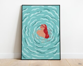 May include: A digital illustration of a person with red hair and red sunglasses floating in a turquoise blue pool of water. The water is depicted with swirling lines.