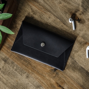 Cartera de cuero para mujer, cartera de cuero con cierre de presión, cartera de cuero para teléfono, cartera negra para mujer, cartera hecha a mano para mujer, cartera para mujer, hecha a mano