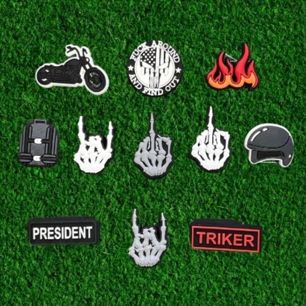 Motorcycle Croc Charms | Biker Shoe Charms | MC | Triker | Skull Charms | Red Flame | Moto Charms By Charm Locker